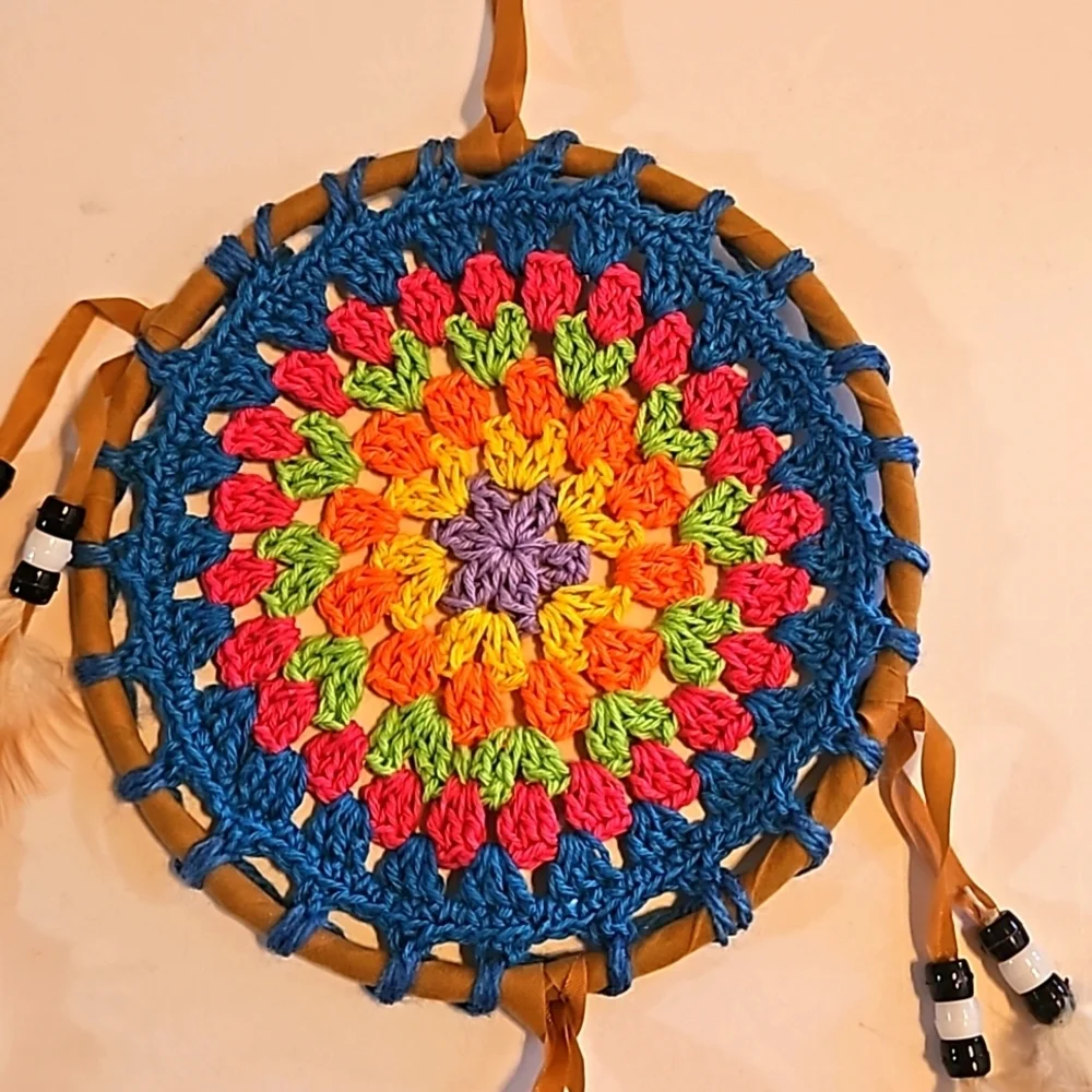 Hand Crafted crochet dreamcatcher multicolored floral eclectic textile decor